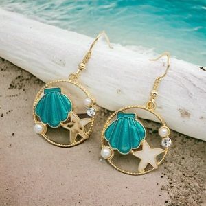 Seashell & starfish pendant drop hallow round shape gold plated earrings‎ faux f
